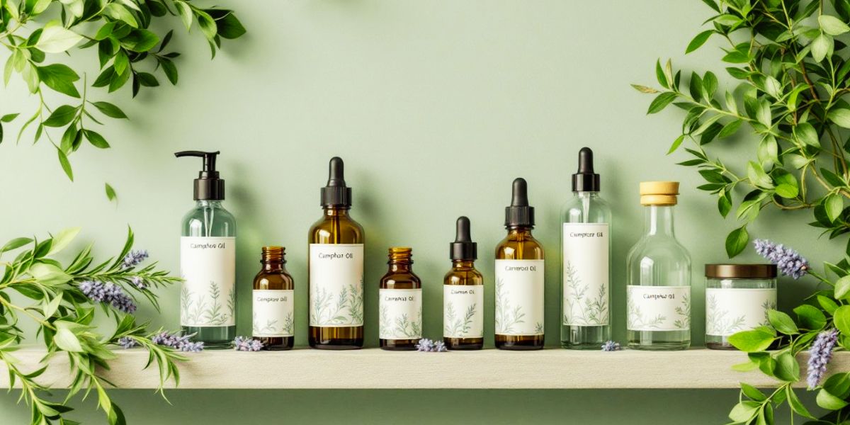 Various camphor oil products displayed on a shelf.